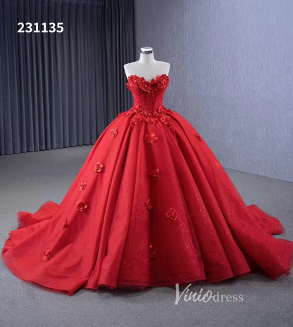 Luxury Sparkly Red Wedding Gowns 3D Flower Quince Dresses, Removable Sleeves 231135-Quinceanera Dresses 2025 -Viniodress-Red-Custom Size-