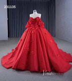 Luxury Sparkly Red Wedding Gowns 3D Flower Quince Dresses, Removable Sleeves 231135-Quinceanera Dresses-Viniodress-Viniodress