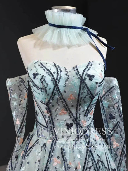 Luxury Vintage Beaded Floral Ball Gown with Long Sleeves FD1762 viniodress-prom dresses 2025 -Viniodress-As Picture-Custom Size-