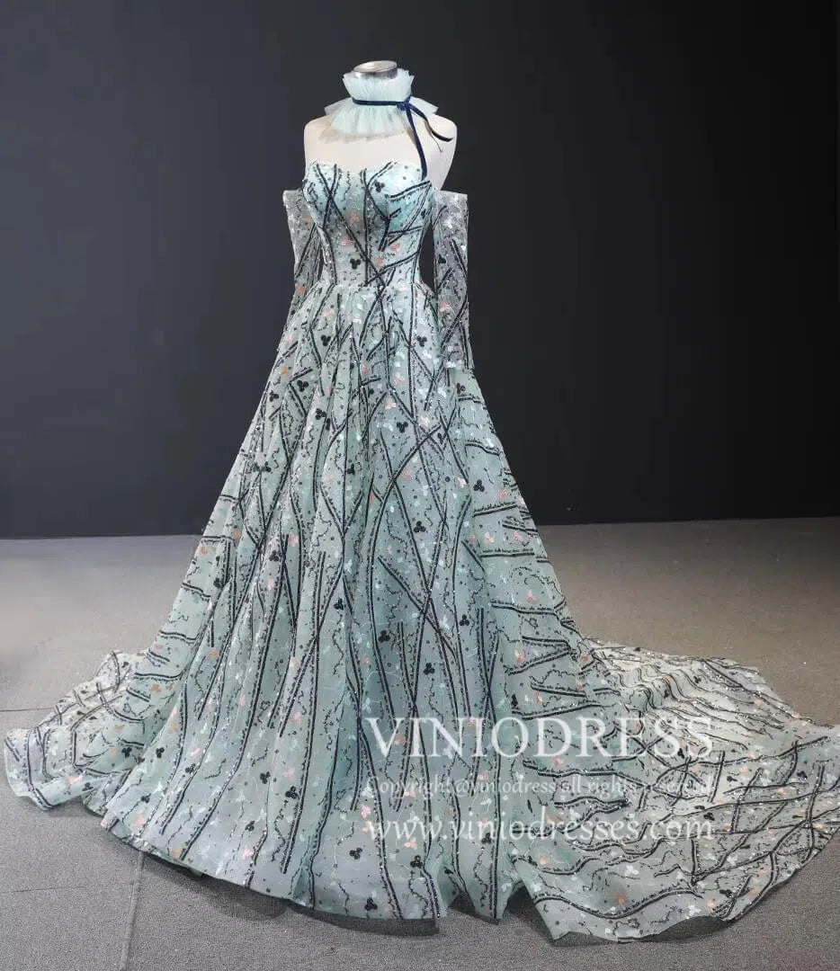 Luxury Vintage Beaded Floral Ball Gown with Long Sleeves FD1762 viniodress-prom dresses-Viniodress-Viniodress