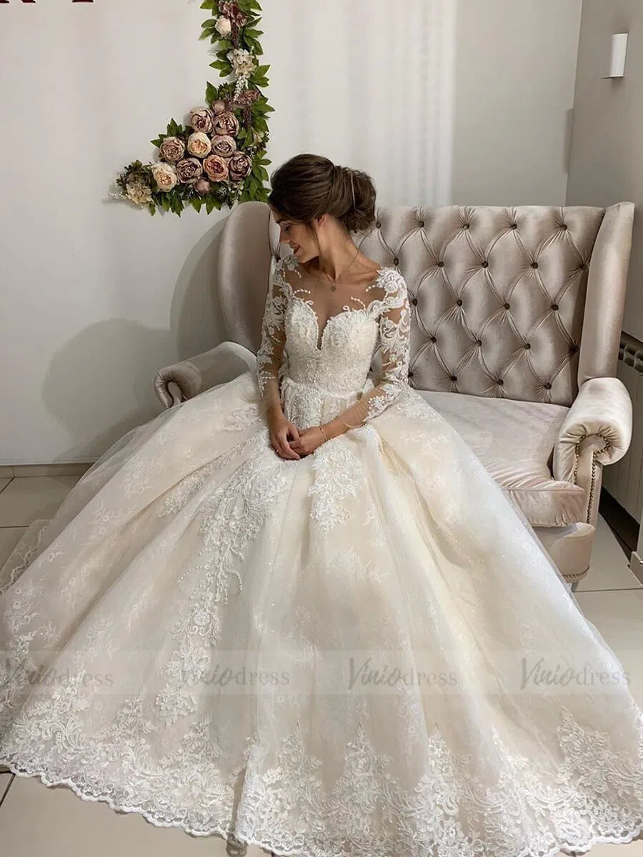 Luxury Vintage Champagne Lace Wedding Dresses with Sleeves VW1361-wedding dresses-Viniodress-Viniodress