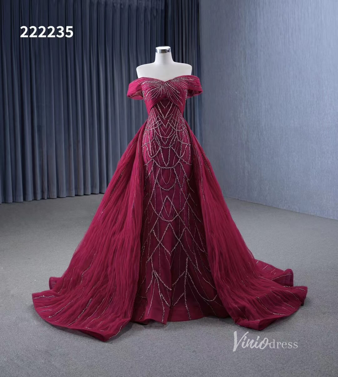 Magenta Beaded Off the Shoulder Wedding Dresses with Removable Overskirt Ball Gown 222235-wedding dresses 2025 -Viniodress-Burgundy-Custom Size-