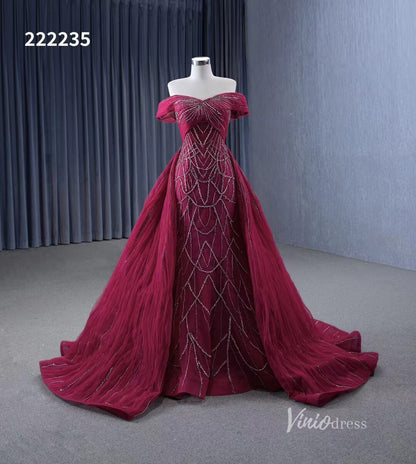 Magenta Beaded Off the Shoulder Wedding Dresses with Removable Overskirt Ball Gown 222235-wedding dresses 2025 -Viniodress-Burgundy-Custom Size-