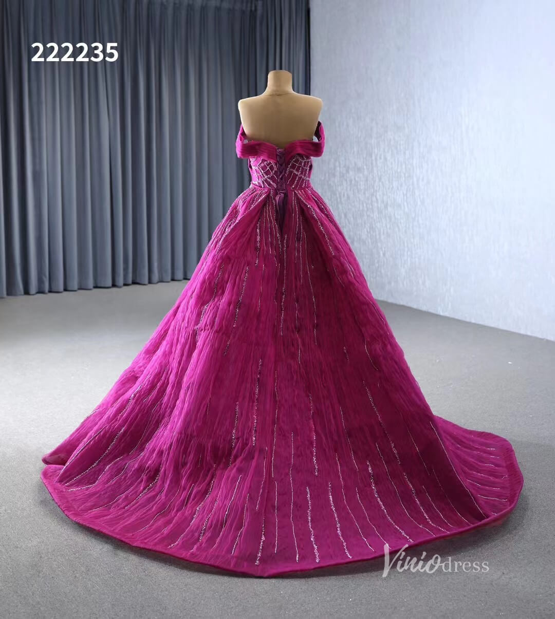 Magenta Beaded Off the Shoulder Wedding Dresses with Removable Overskirt Ball Gown 222235-wedding dresses 2025 -Viniodress-Magenta-Custom Size-