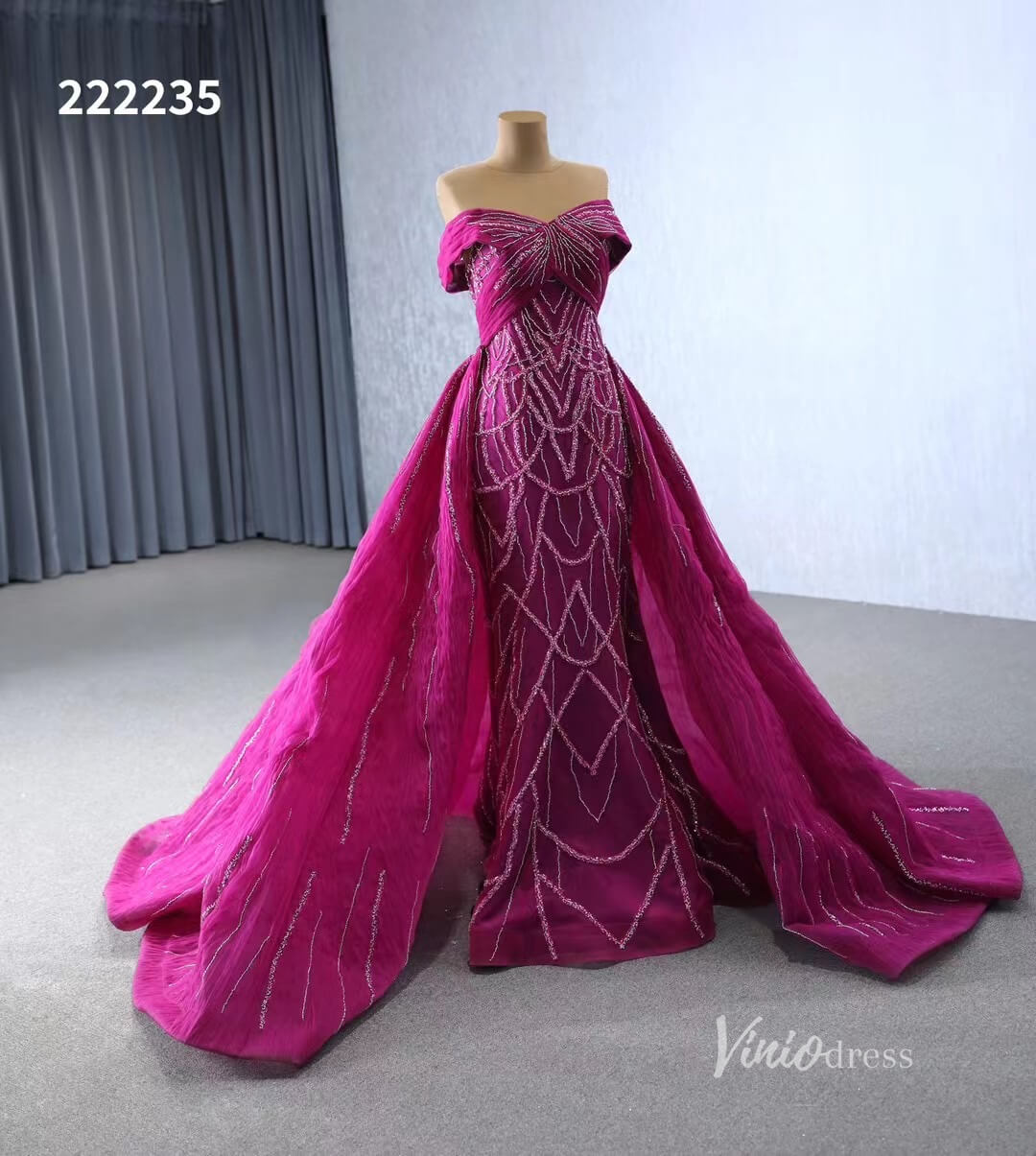 Magenta Beaded Off the Shoulder Wedding Dresses with Removable Overskirt Ball Gown 222235-wedding dresses 2025 -Viniodress-Magenta-Custom Size-