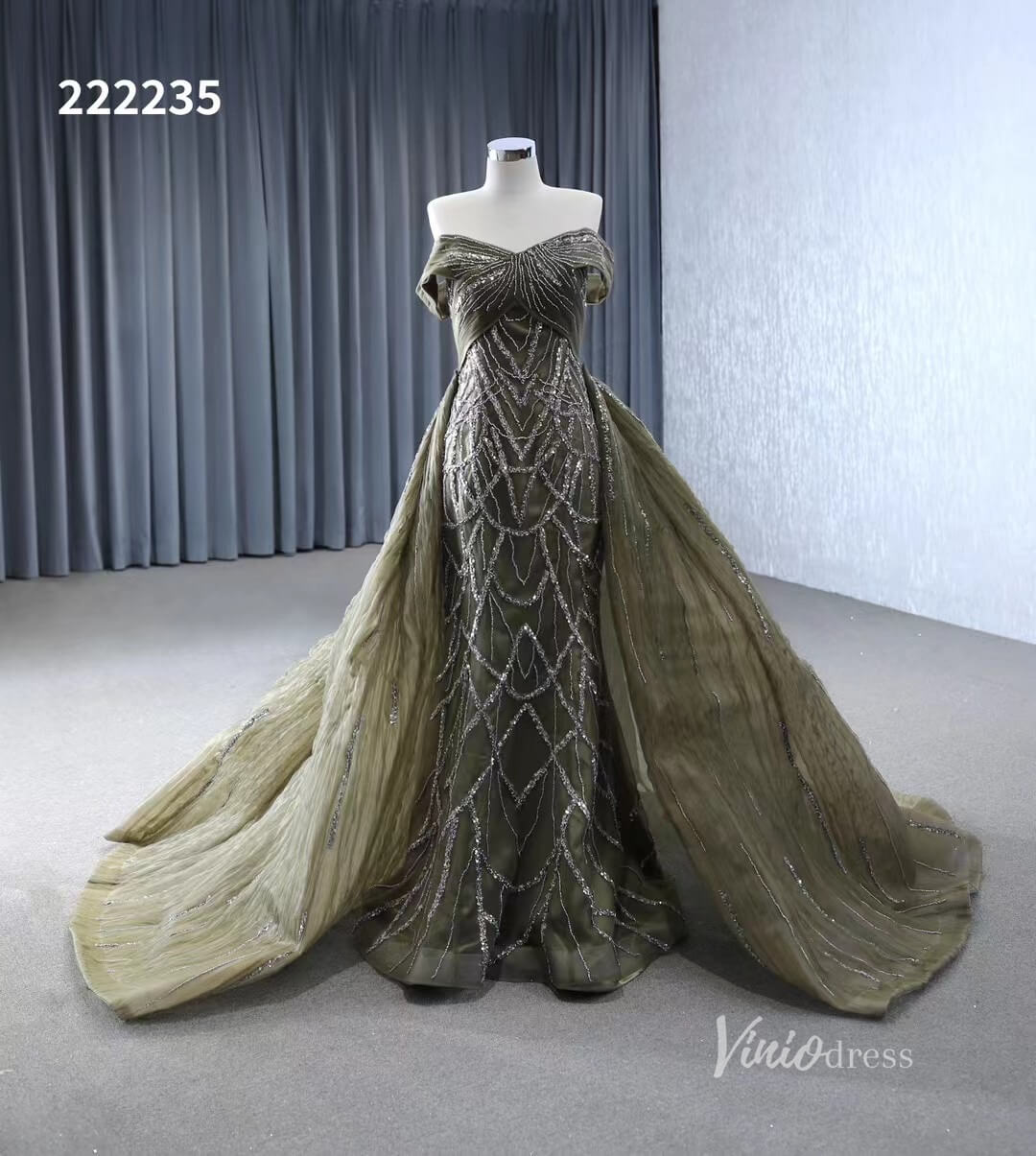 Magenta Beaded Off the Shoulder Wedding Dresses with Removable Overskirt Ball Gown 222235-wedding dresses 2025 -Viniodress-Olive Green-Custom Size-