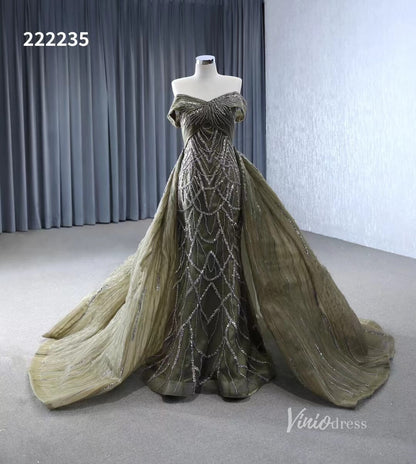 Magenta Beaded Off the Shoulder Wedding Dresses with Removable Overskirt Ball Gown 222235-wedding dresses 2025 -Viniodress-Olive Green-Custom Size-
