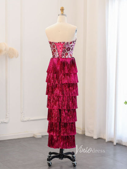 Magenta Floral Sequin Prom Dresses Tassel Tiered Formal Dress AD1180-Evening Dresses 2025 -Viniodress-Magenta-US 2-