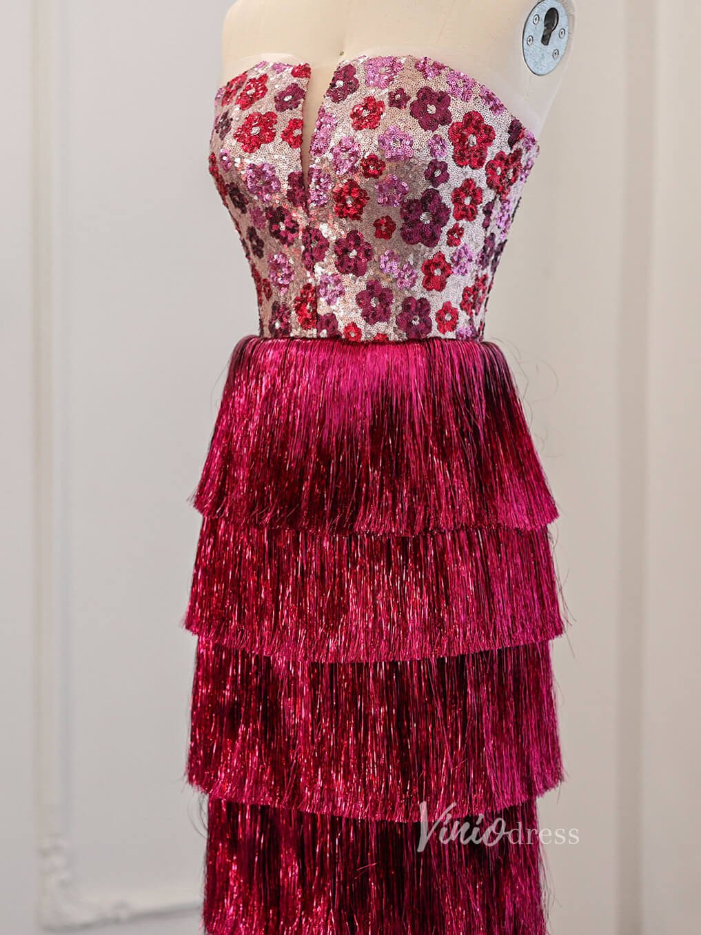 Magenta Floral Sequin Prom Dresses Tassel Tiered Formal Dress AD1180-Evening Dresses 2025 -Viniodress-Magenta-US 2-
