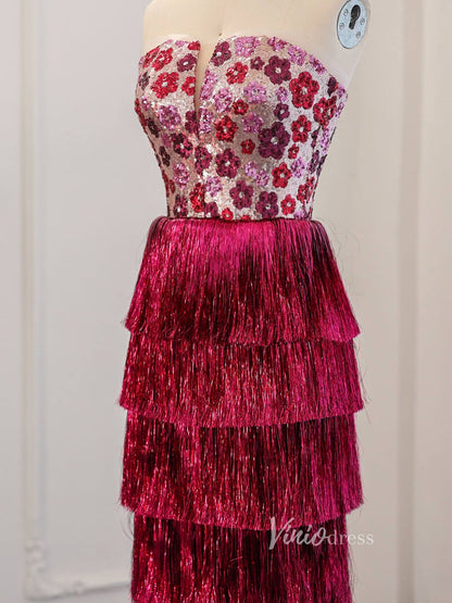 Magenta Floral Sequin Prom Dresses Tassel Tiered Formal Dress AD1180-Evening Dresses 2025 -Viniodress-Magenta-US 2-