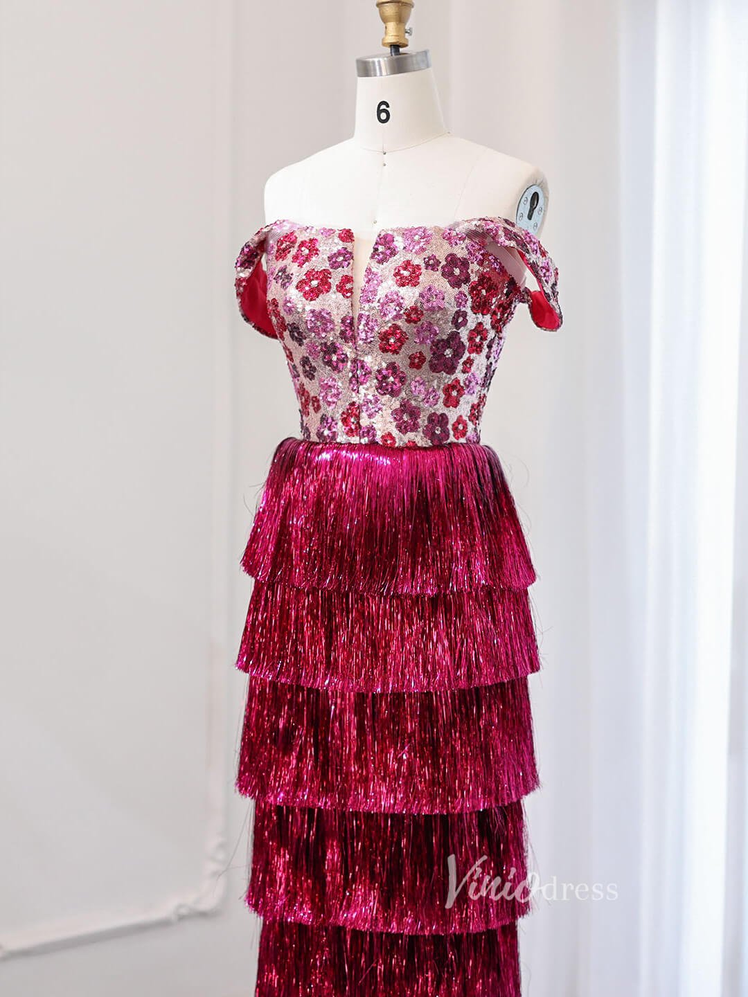 Magenta Floral Sequin Prom Dresses Tassel Tiered Formal Dress AD1180-Evening Dresses 2025 -Viniodress-Magenta-US 2-