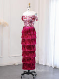 Magenta Floral Sequin Prom Dresses Tassel Tiered Formal Dress AD1180-prom dresses-Viniodress-Viniodress