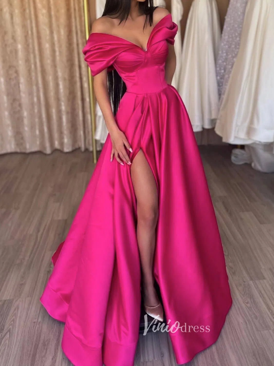Magenta Off the Shoulder Prom Dresses With Slit A-Line Satin Evening Dress FD3095-prom dresses 2025 -Viniodress-Magenta-Custom Size-