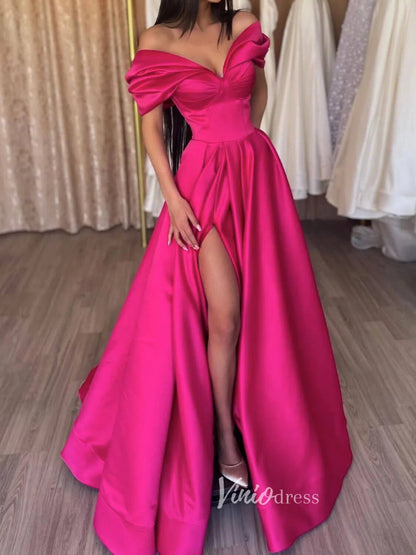 Magenta Off the Shoulder Prom Dresses With Slit A-Line Satin Evening Dress FD3095-prom dresses 2025 -Viniodress-Magenta-Custom Size-