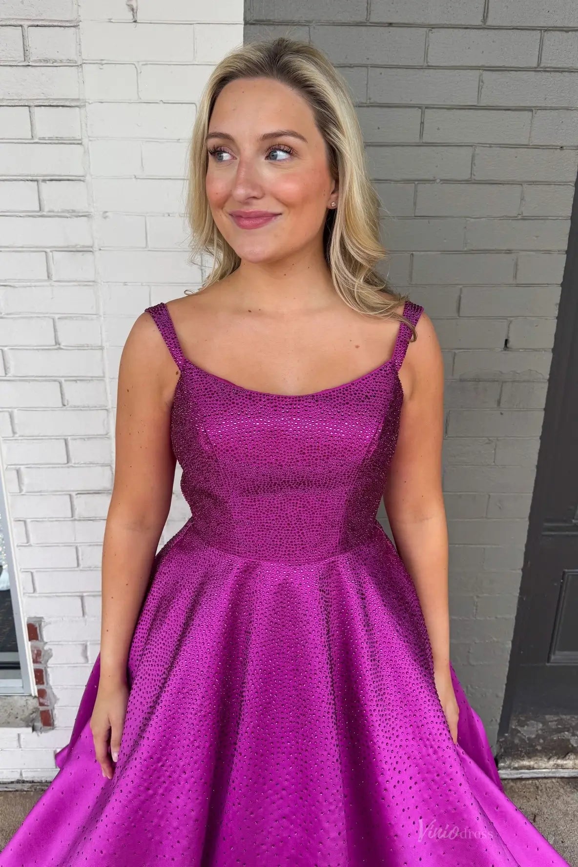 Magenta Rhinestone Satin A-Line Prom Dress with Scoop Neckline & Wide Straps – AS056-prom dresses 2026-Viniodress-Magenta-Custom Size-