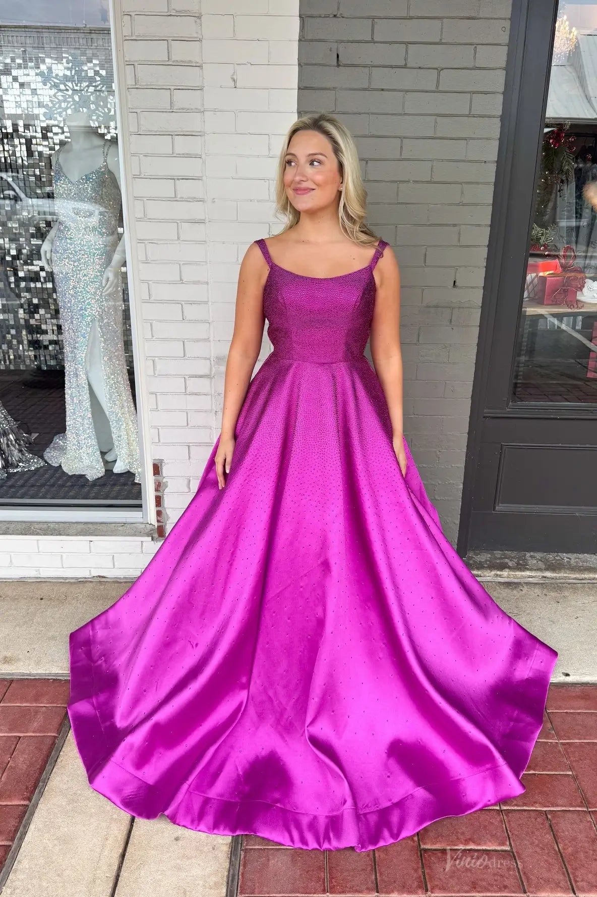 Magenta Rhinestone Satin A-Line Prom Dress with Scoop Neckline & Wide Straps – AS056-prom dresses 2026-Viniodress-Magenta-Custom Size-