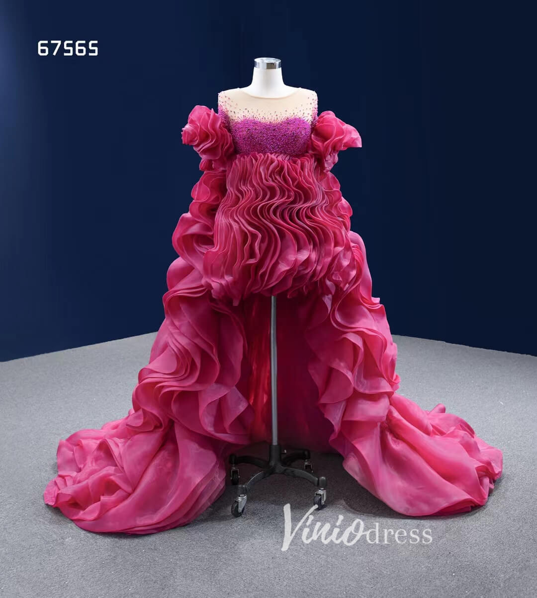 Magenta Ruffle Prom Dress High Low Pageant Dress 67565-wedding dresses 2025 -Viniodress-Magenta-Custom Size-