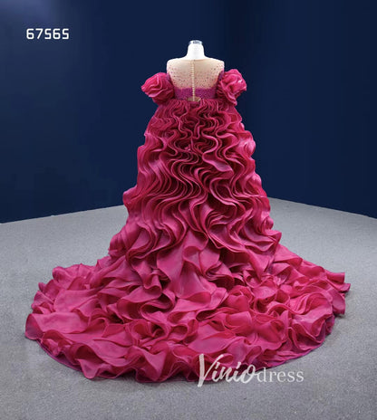 Magenta Ruffle Prom Dress High Low Pageant Dress 67565-wedding dresses 2025 -Viniodress-Magenta-Custom Size-
