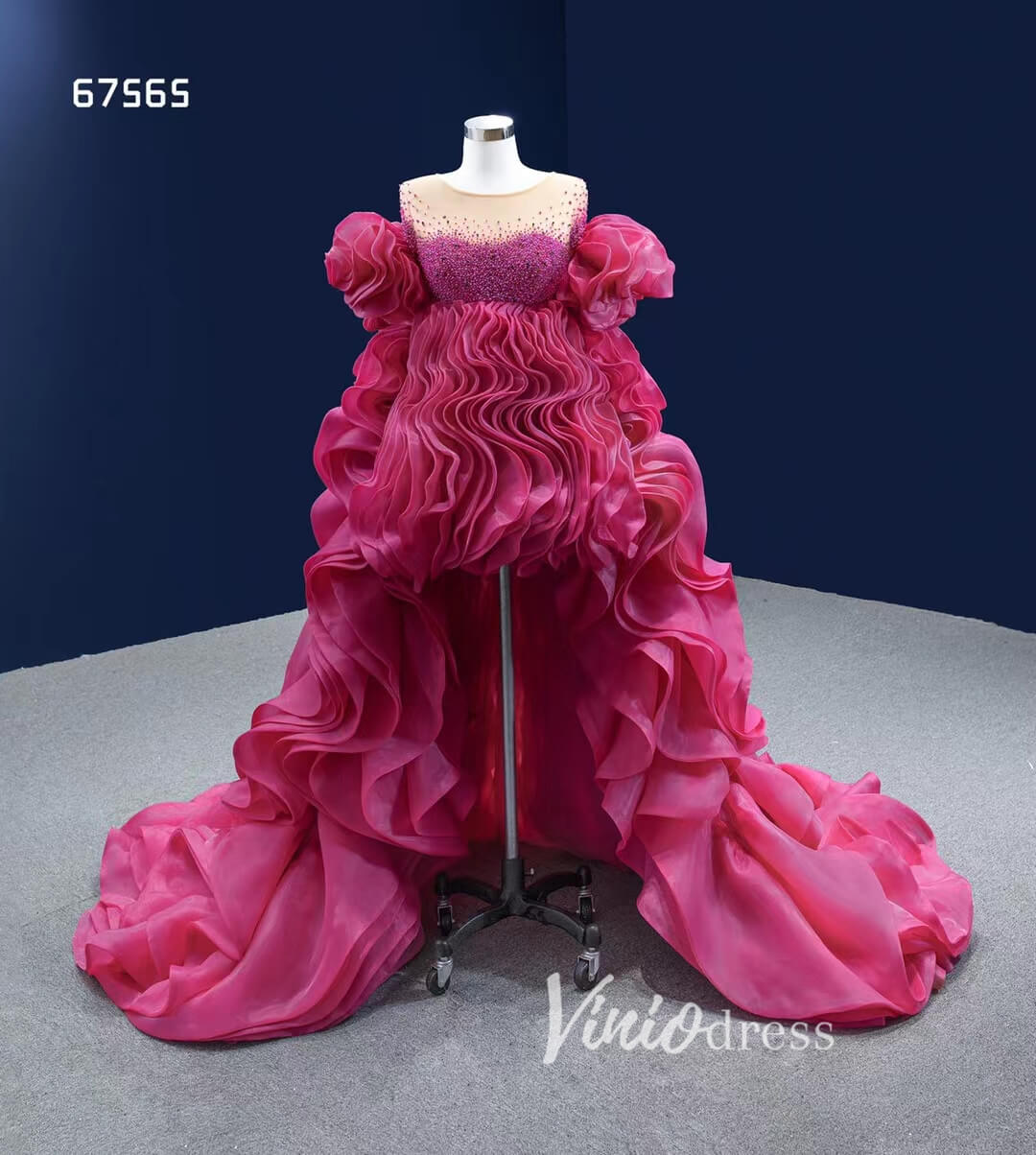 Magenta Ruffle Prom Dress High Low Pageant Dress 67565-wedding dresses 2025 -Viniodress-Magenta-Custom Size-