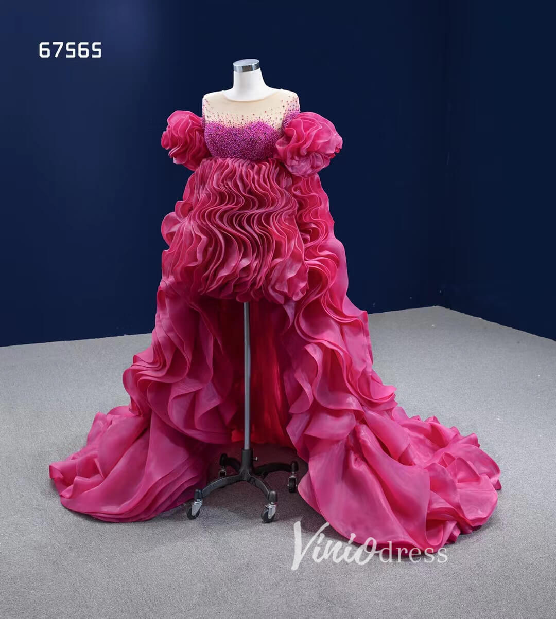 Magenta Ruffle Prom Dress High Low Pageant Dress 67565-wedding dresses 2025 -Viniodress-Magenta-Custom Size-