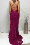 Magenta Sequin Mermaid Cheap Prom Dresses with Feather Slit Spaghetti Strap FD4102-prom dresses-Viniodress-Viniodress