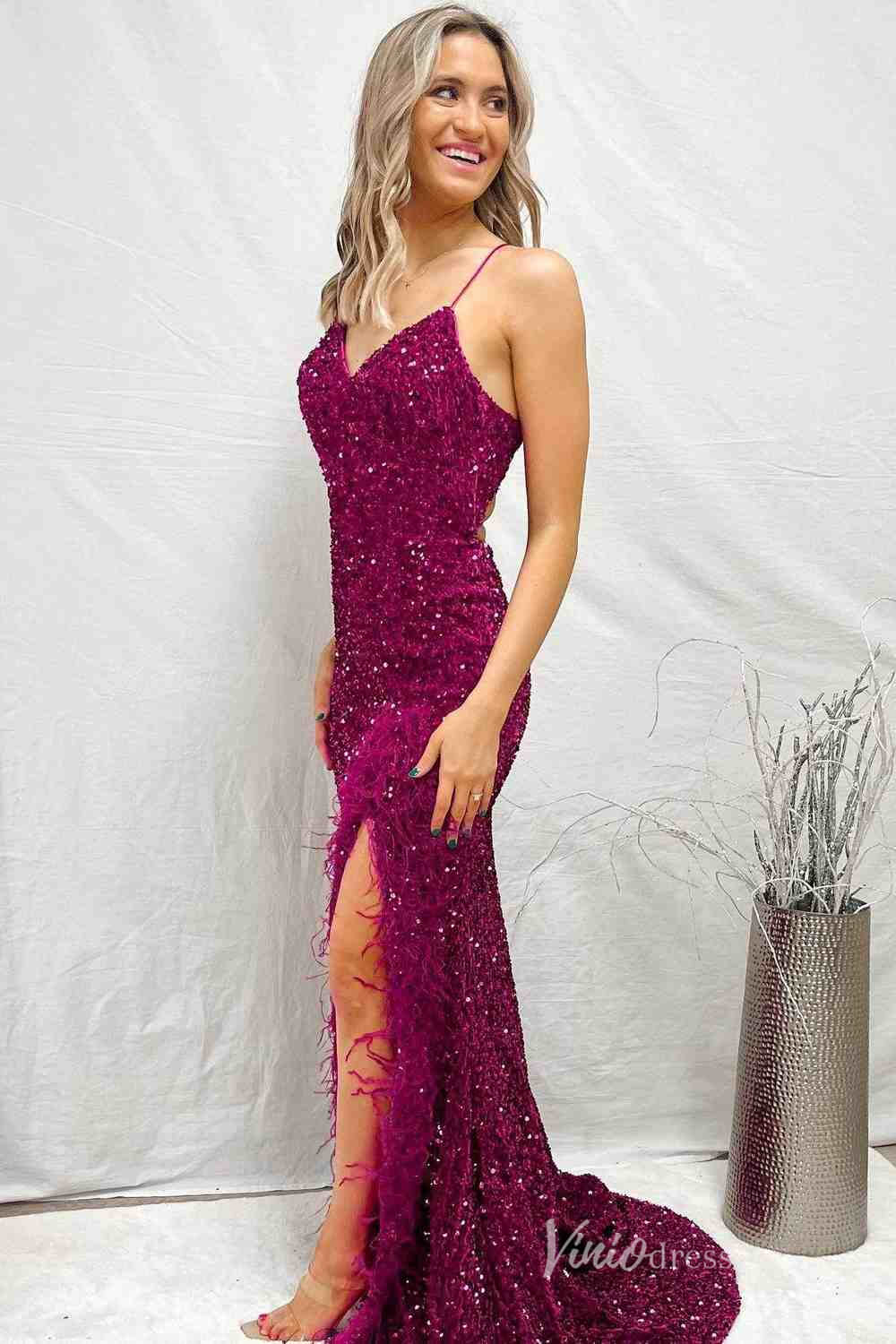 Magenta Sequin Mermaid Cheap Prom Dresses with Feather Slit Spaghetti Strap FD4102-prom dresses-Viniodress-Viniodress