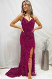 Magenta Sequin Mermaid Cheap Prom Dresses with Feather Slit Spaghetti Strap FD4102-prom dresses-Viniodress-Viniodress