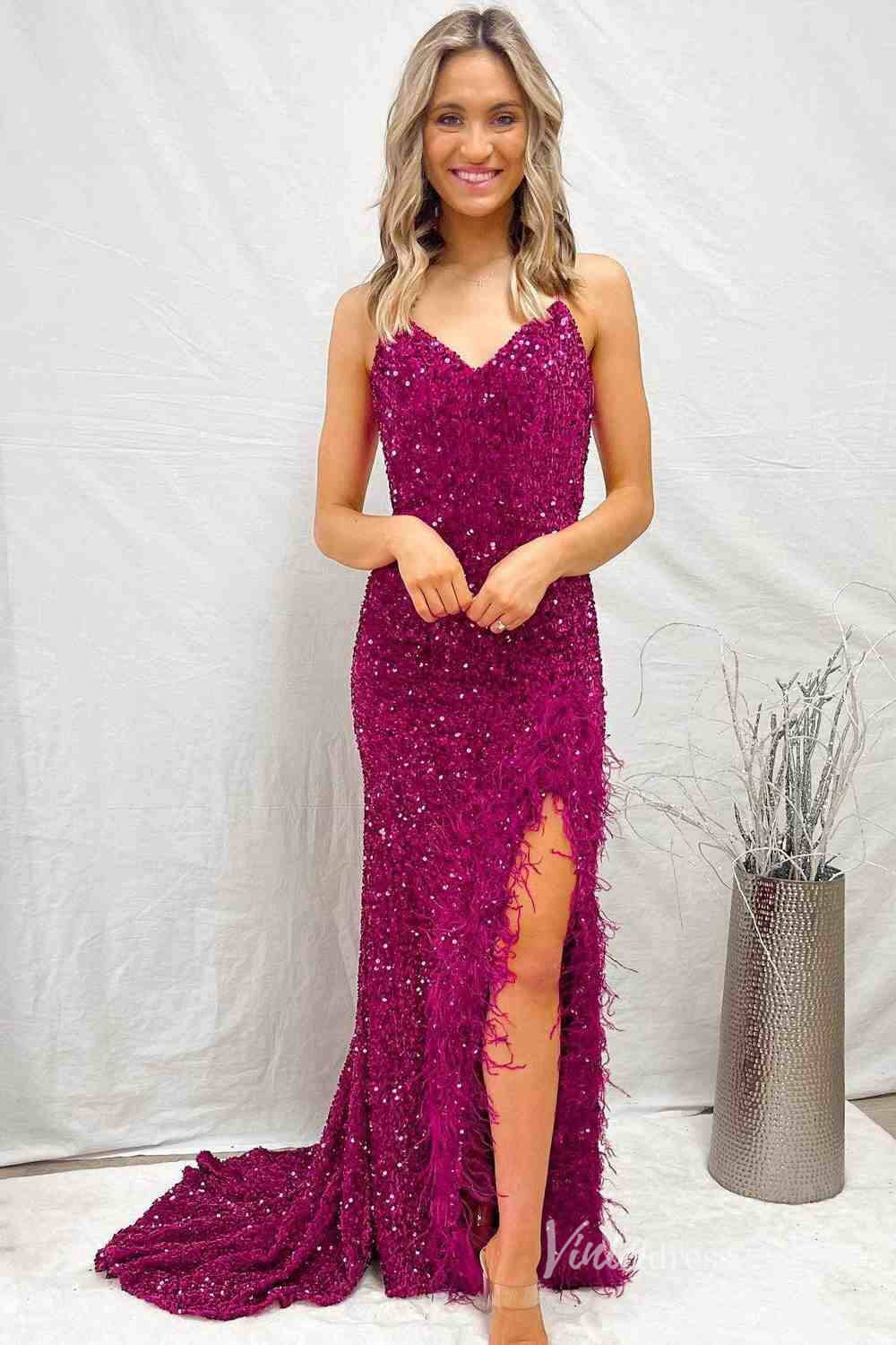 Magenta Sequin Mermaid Cheap Prom Dresses with Feather Slit Spaghetti Strap FD4102-prom dresses-Viniodress-Magenta-Custom Size-Viniodress