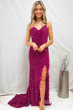 Magenta Sequin Mermaid Cheap Prom Dresses with Feather Slit Spaghetti Strap FD4102