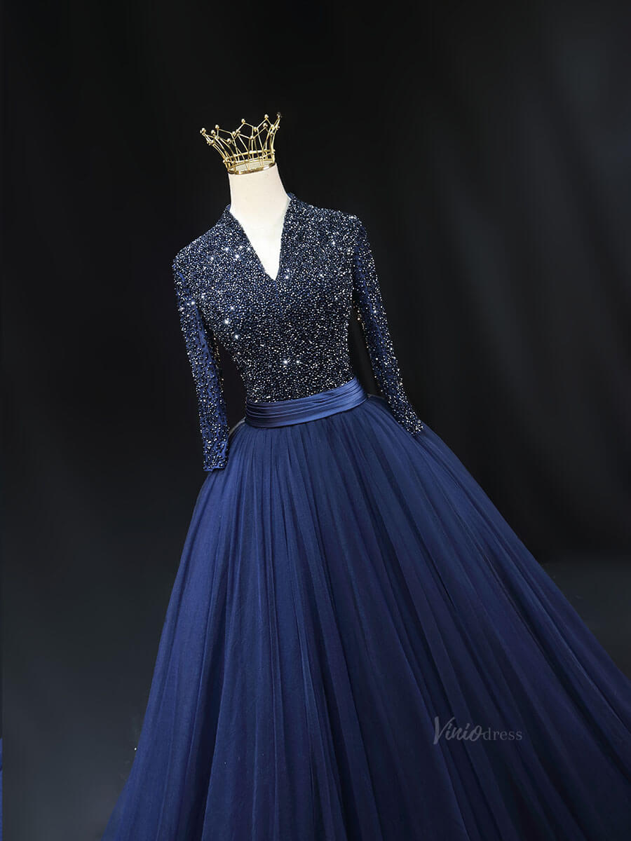 Magenta Tulle Prom Dresses with Long Sleeve, Beaded Bodice, V-Neck, Formal Gown SU002-prom dresses 2025 -Viniodress-Magenta-Custom Size-