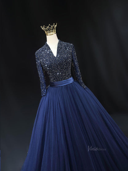 Magenta Tulle Prom Dresses with Long Sleeve, Beaded Bodice, V-Neck, Formal Gown SU002-prom dresses 2025 -Viniodress-Magenta-Custom Size-