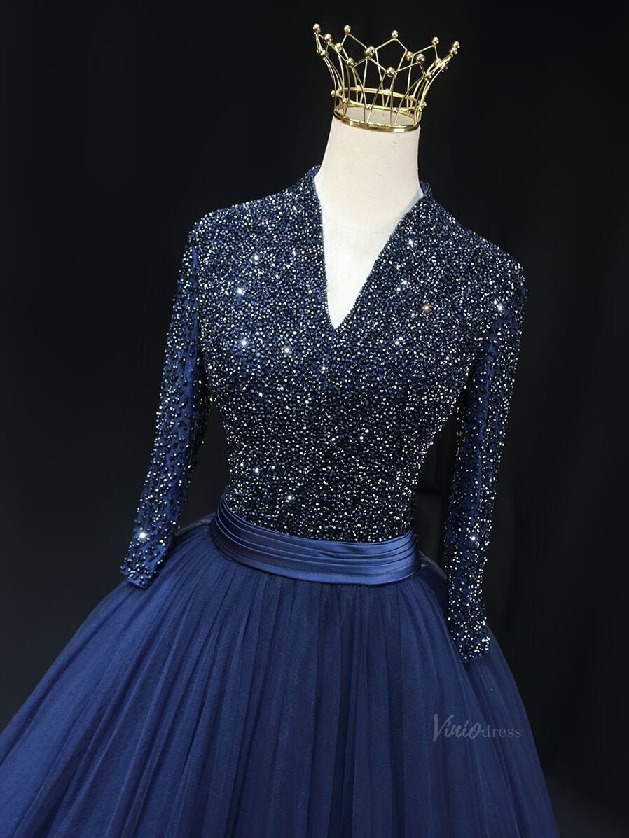 Magenta Tulle Prom Dresses with Long Sleeve, Beaded Bodice, V-Neck, Formal Gown SU002-prom dresses 2025 -Viniodress-Magenta-Custom Size-