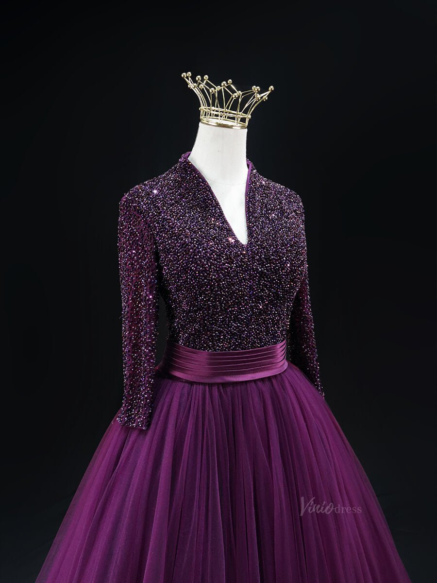 Magenta Tulle Prom Dresses with Long Sleeve, Beaded Bodice, V-Neck, Formal Gown SU002-prom dresses 2025 -Viniodress-Magenta-Custom Size-