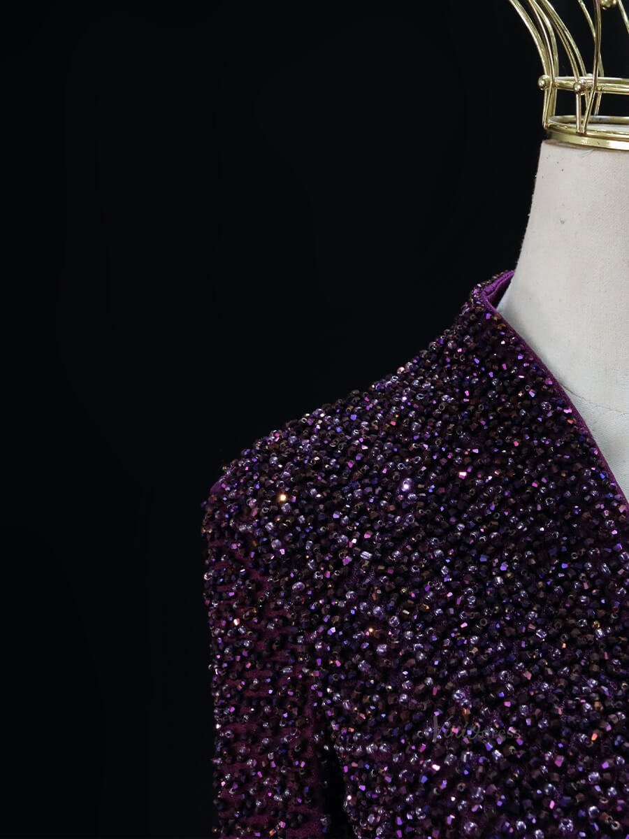 Magenta Tulle Prom Dresses with Long Sleeve, Beaded Bodice, V-Neck, Formal Gown SU002-prom dresses 2025 -Viniodress-Magenta-Custom Size-