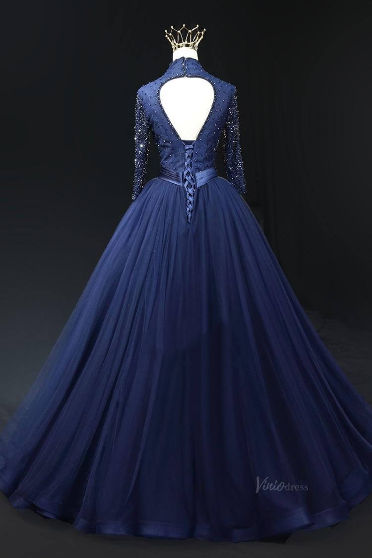 Magenta Tulle Prom Dresses with Long Sleeve, Beaded Bodice, V-Neck, Formal Gown SU002-prom dresses 2025 -Viniodress-Magenta-Custom Size-