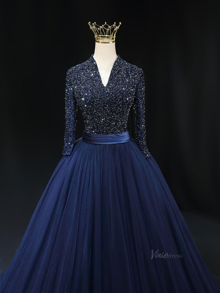 Magenta Tulle Prom Dresses with Long Sleeve, Beaded Bodice, V-Neck, Formal Gown SU002-prom dresses 2025 -Viniodress-Magenta-Custom Size-