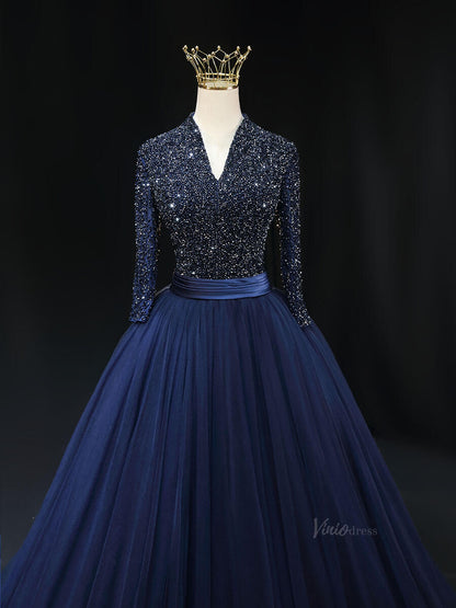 Magenta Tulle Prom Dresses with Long Sleeve, Beaded Bodice, V-Neck, Formal Gown SU002-prom dresses 2025 -Viniodress-Magenta-Custom Size-