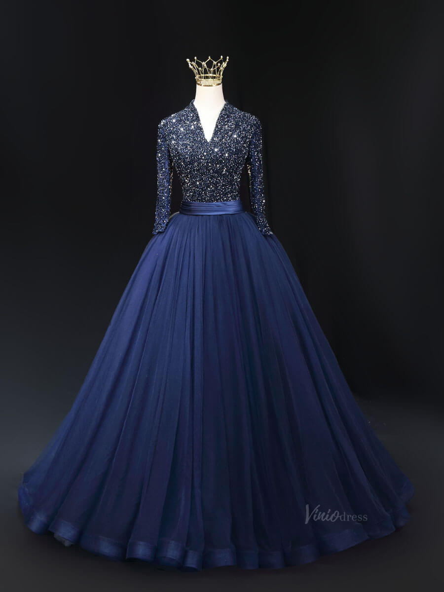 Magenta Tulle Prom Dresses with Long Sleeve, Beaded Bodice, V-Neck, Formal Gown SU002-prom dresses 2025 -Viniodress-Dark Blue-Custom Size-