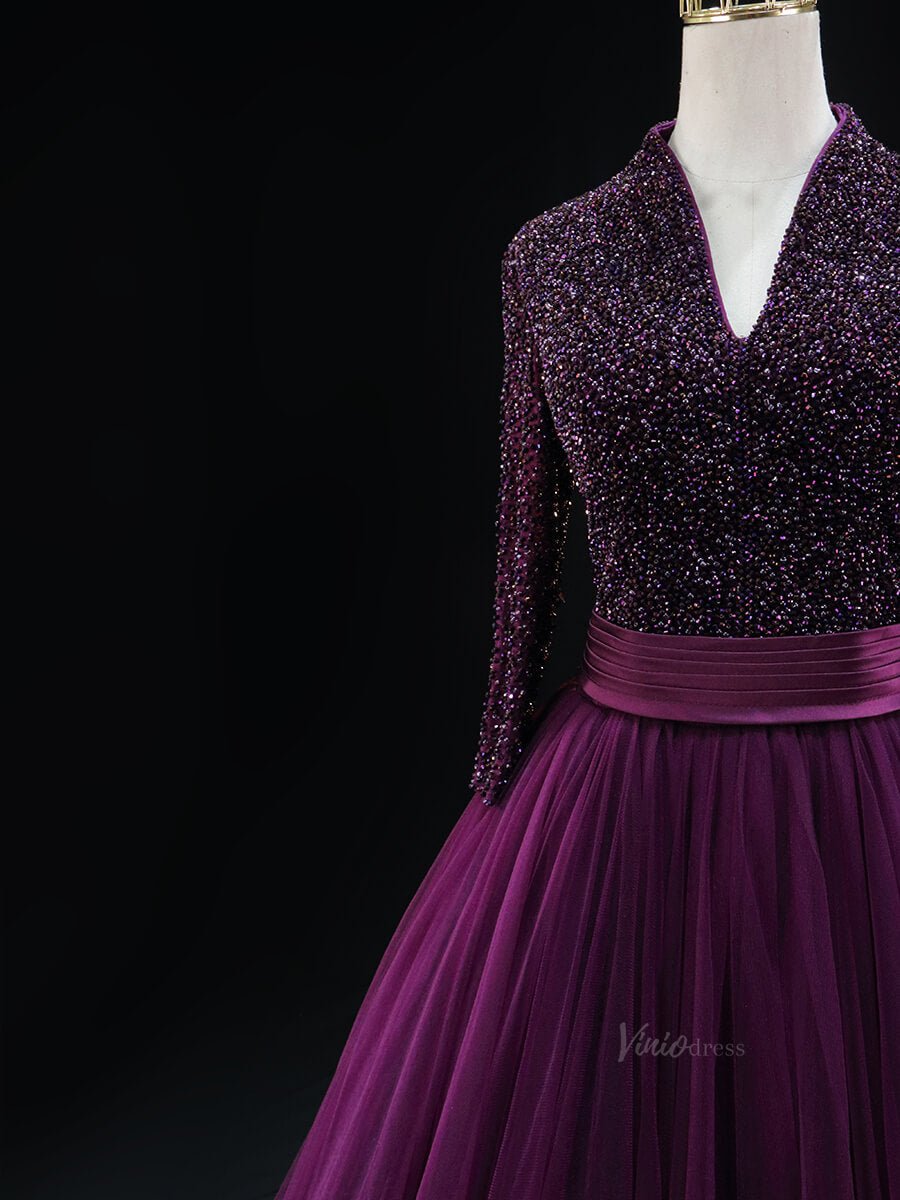 Magenta Tulle Prom Dresses with Long Sleeve, Beaded Bodice, V-Neck, Formal Gown SU002-prom dresses 2025 -Viniodress-Magenta-Custom Size-