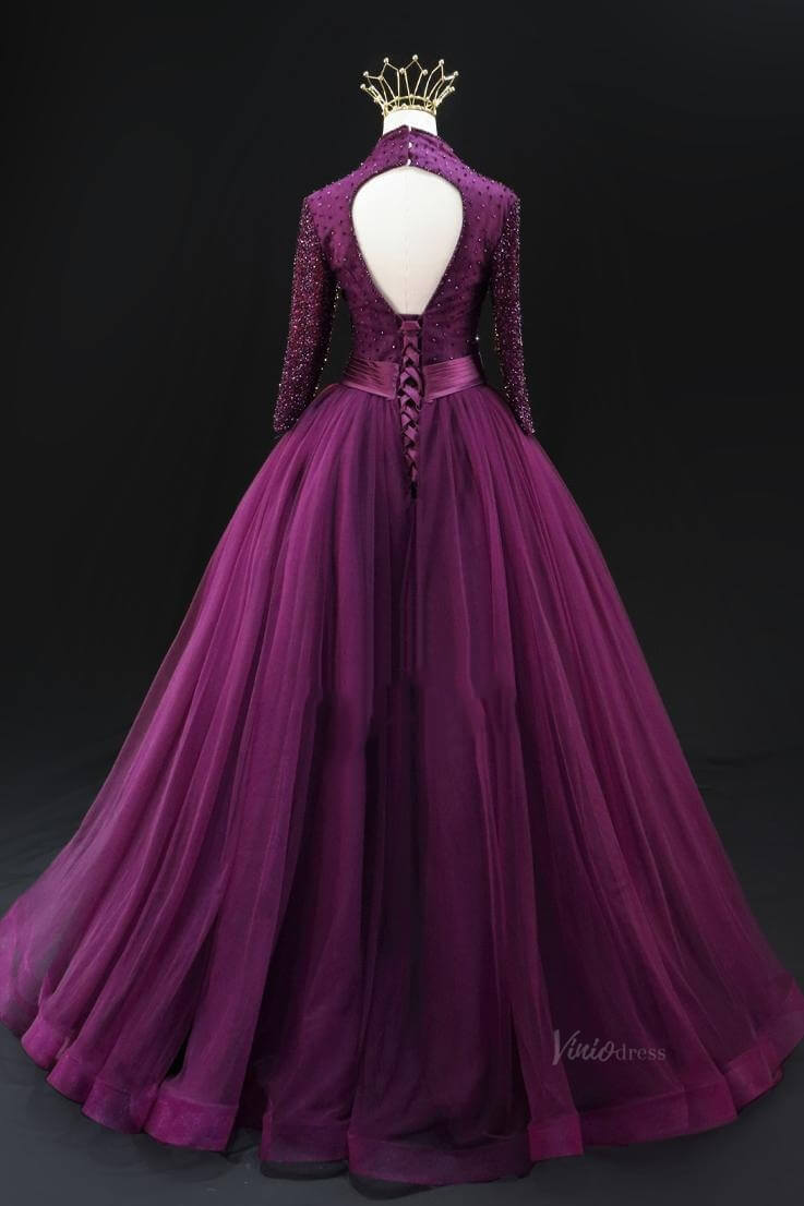 Magenta Tulle Prom Dresses with Long Sleeve, Beaded Bodice, V - Neck, Formal Gown SU002 - Viniodressprom dressesMagentaCustom Size - Formal Dresses - Ball Gowns