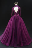 prom dresses 2025-to impress Magenta Tulle Prom Dresses with Long Sleeve, Beaded Bodice, V-Neck, Formal Gown SU002-plus size wedding dresses Viniodress-Magenta-Custom Size-