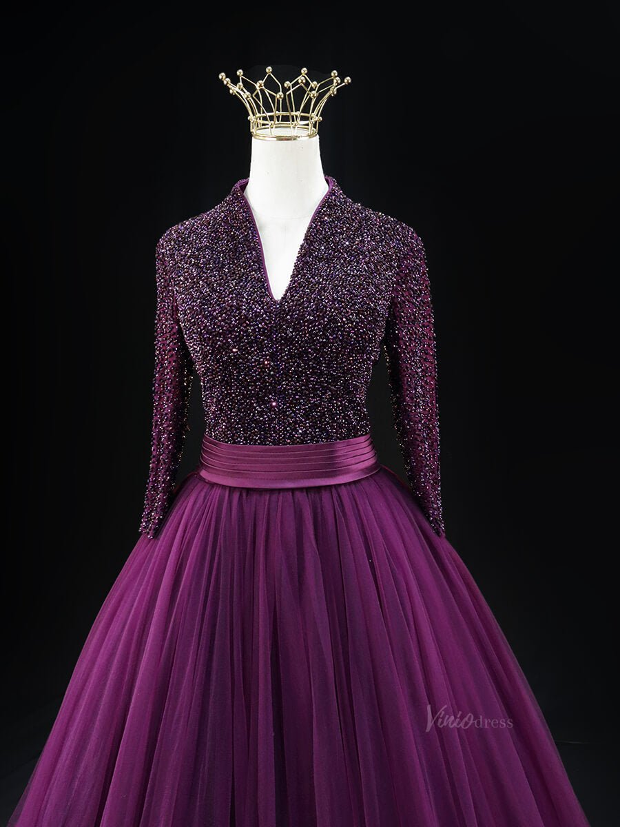 Magenta Tulle Prom Dresses with Long Sleeve, Beaded Bodice, V - Neck, Formal Gown SU002 - Viniodressprom dressesMagentaCustom Size - Formal Dresses - Ball Gowns