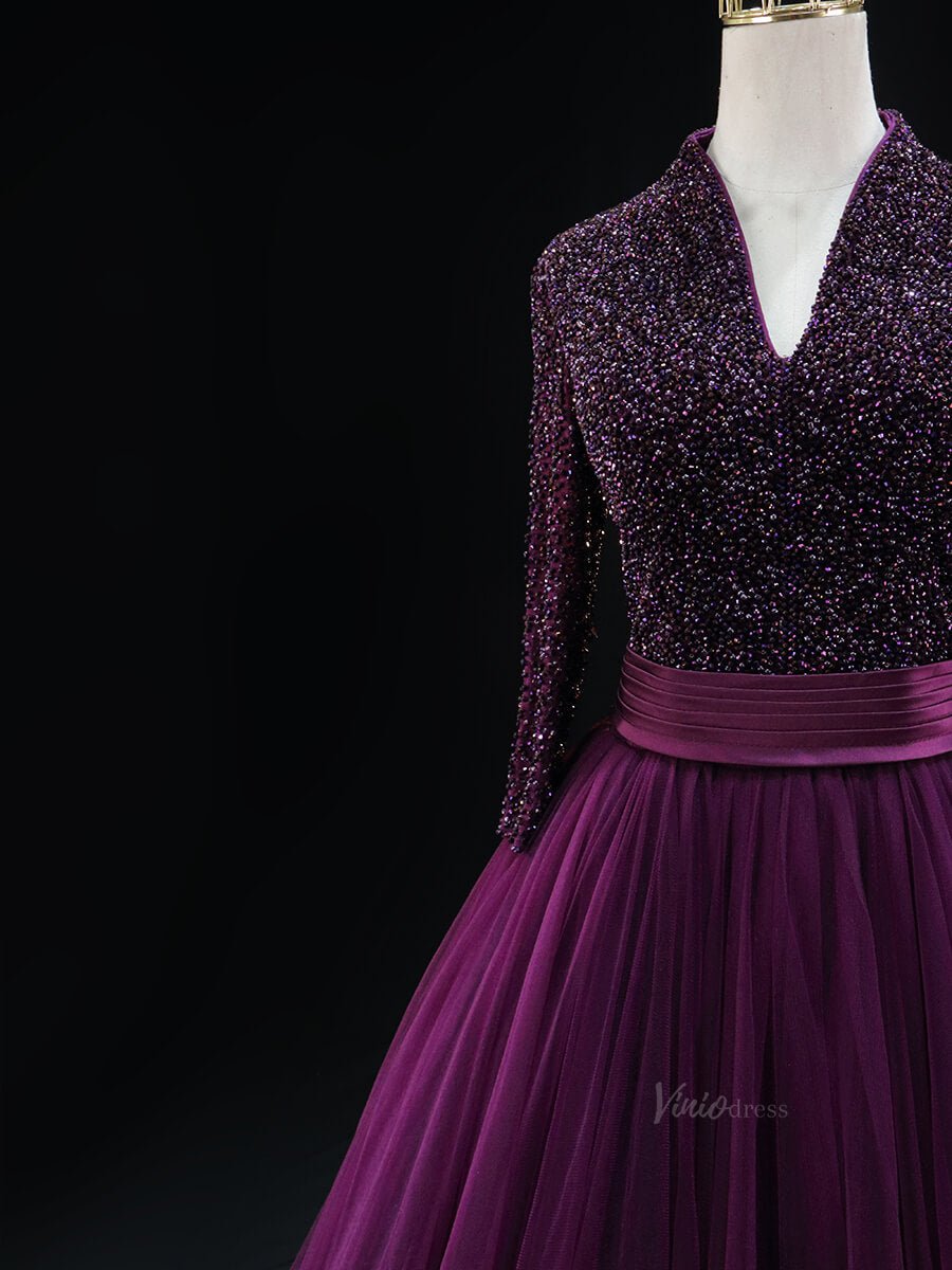 Magenta Tulle Prom Dresses with Long Sleeve, Beaded Bodice, V - Neck, Formal Gown SU002 - Viniodressprom dressesMagentaCustom Size - Formal Dresses - Ball Gowns