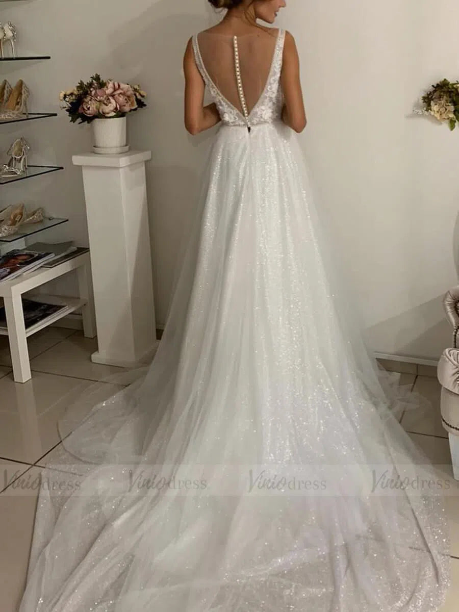 Magic Sparkly Wedding Dresses Beaded Floral Beach Wedding Dress VW1344-wedding dresses-Viniodress-Viniodress