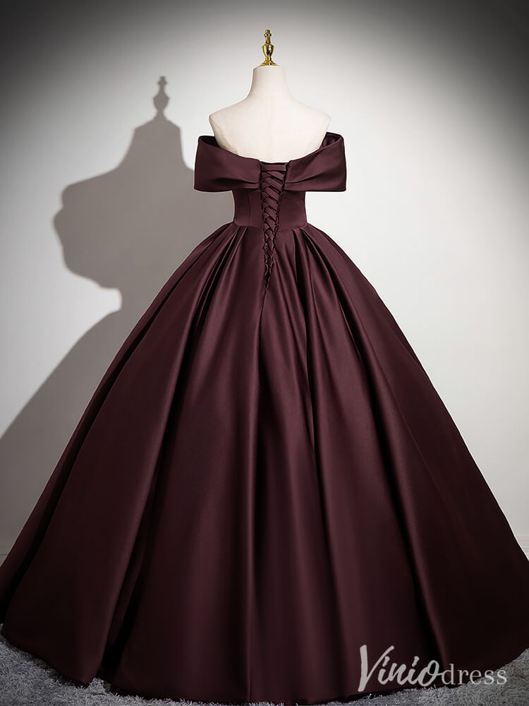 Maroon Off the Shoulder Prom Dresses Satin Formal Gown AD1351-prom dresses-Viniodress-Viniodress