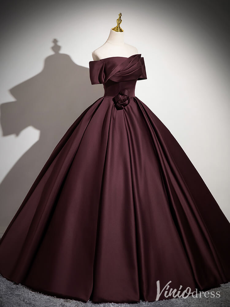 Maroon Off the Shoulder Prom Dresses Satin Formal Gown AD1351-prom dresses-Viniodress-Viniodress