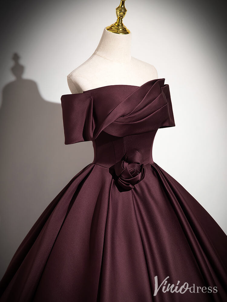 Maroon Off the Shoulder Prom Dresses Satin Formal Gown AD1351-prom dresses-Viniodress-Viniodress