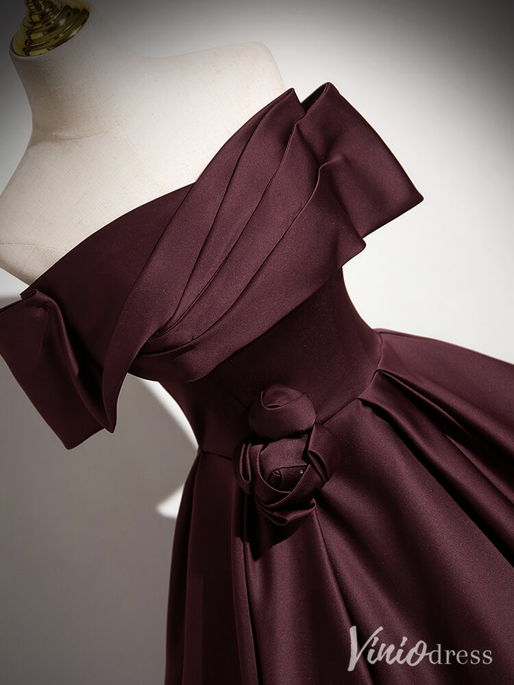 Maroon Off the Shoulder Prom Dresses Satin Formal Gown AD1351-prom dresses-Viniodress-Viniodress