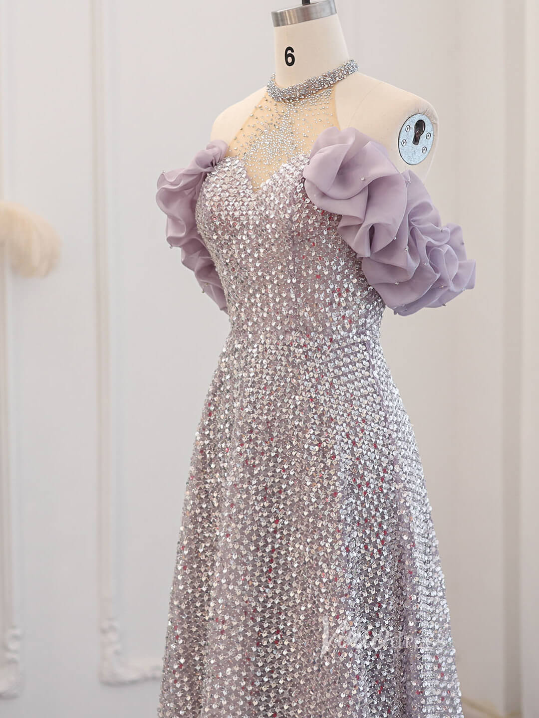 Mauve Beaded Ruffled Prom Dresses Hlater Neck Evening Dress AD1178-Evening Dresses 2025 -Viniodress-Mauve-US 2-