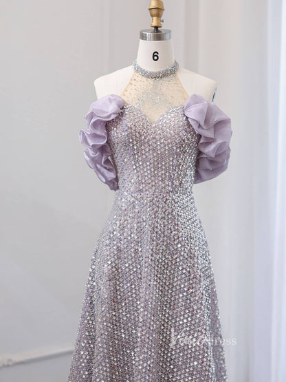 Mauve Beaded Ruffled Prom Dresses Hlater Neck Evening Dress AD1178-Evening Dresses 2025 -Viniodress-Mauve-US 2-